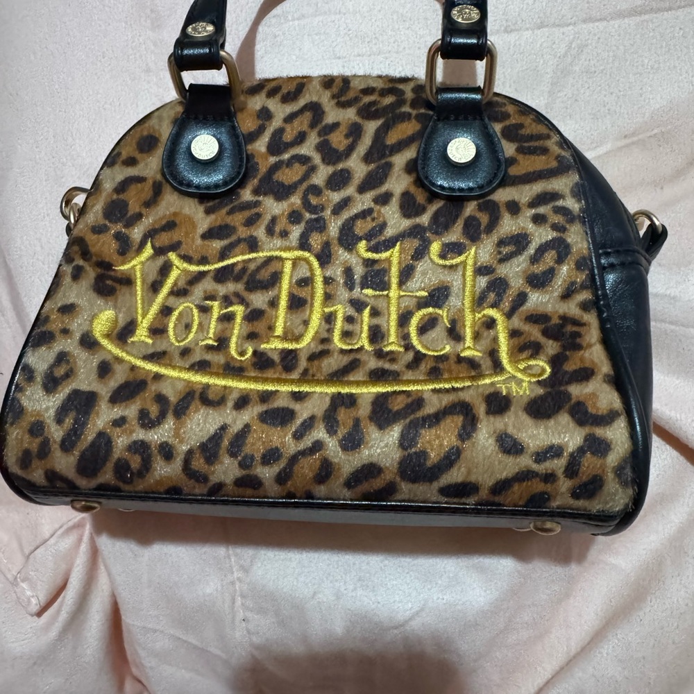 Von Dutch Leopard-Print Satchel with Yellow Logo
